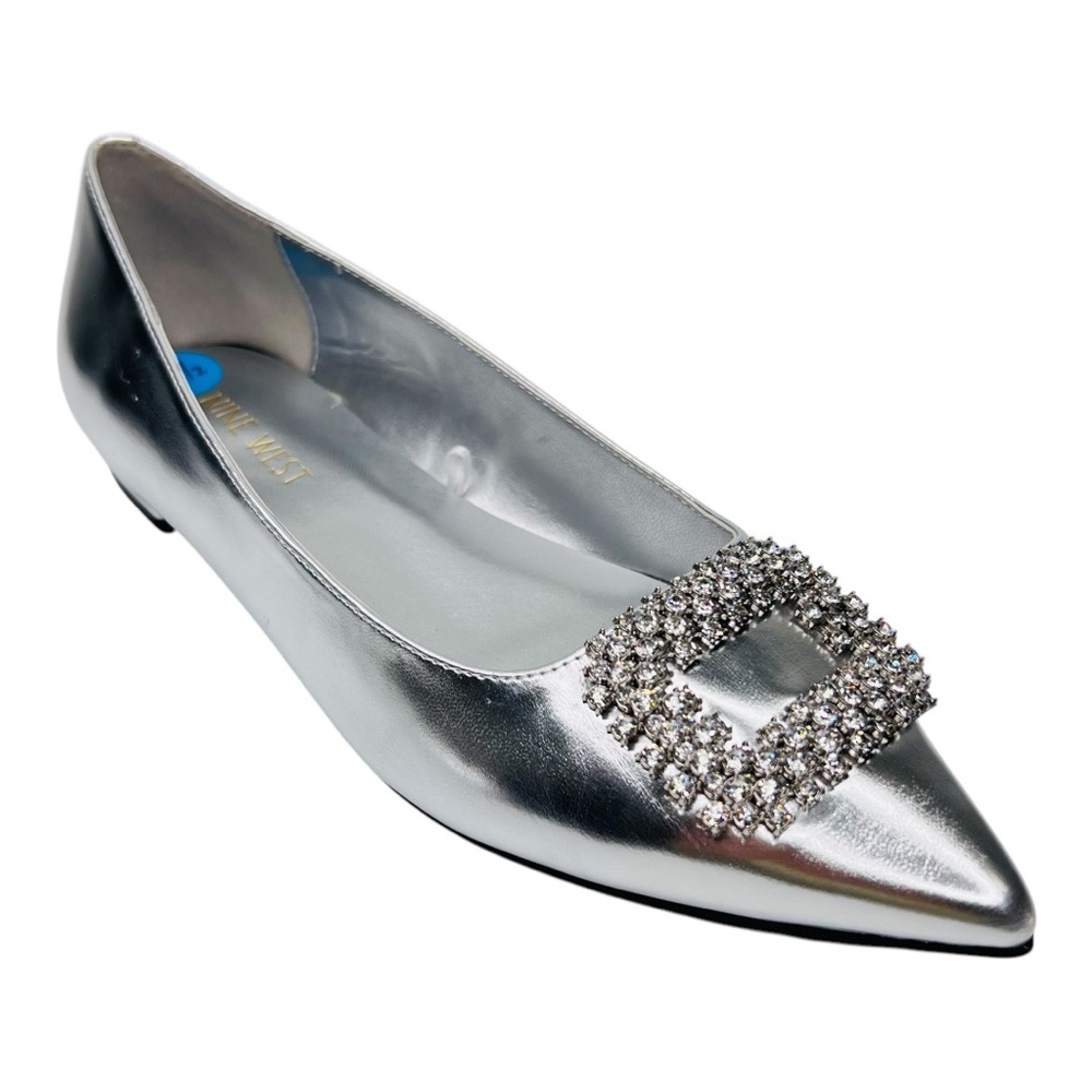 Nine West Silver Metallic Pointed Toe Rhinestone Buckle Slip On Ballet Flats